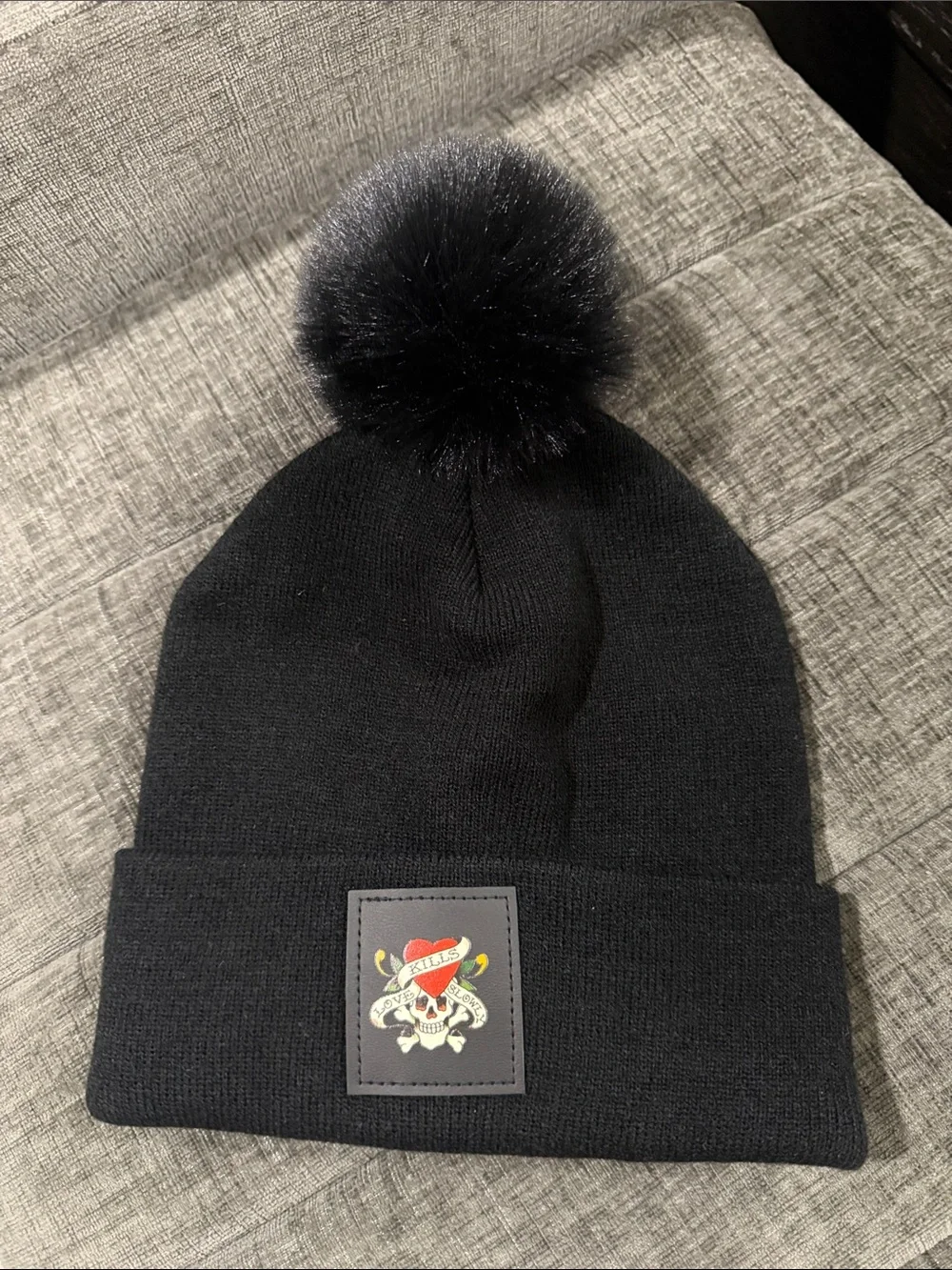 Ed Hardy Black Knit Pom Beanie with Skull Patch